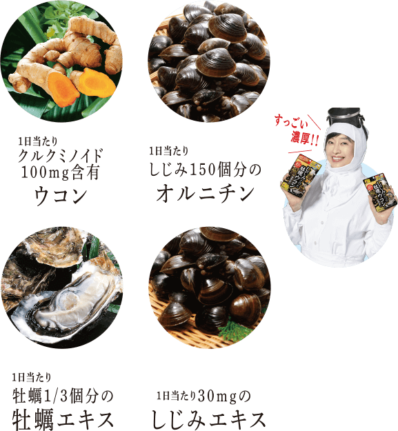 1日当たりクルクミノイド100mg含有ウコン 1日当たりしじみ150個分のオルニチン 1日当たり牡蠣1/3個分の牡蠣エキス 1日当たり30mgのしじみエキス